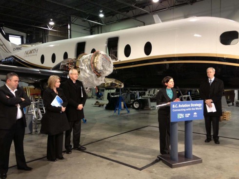 Left to right: Paul Cockell, president of Helicopter Services North America, Vector Aerospace; Mary Polak, Minister of Transportation and Infrastructure; Jack Froese, Mayor, Township of Langley; Anne Murray, vice president community and environmental affairs, Vancouver Airport Authority; Richmond MLA Rob Howard and Parliamentary Secretary to Minister Polak.