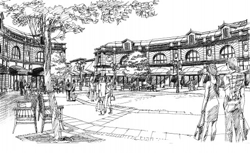 Artist’s rendering of the entertainment square for Sea Island’s luxury designer outlet.