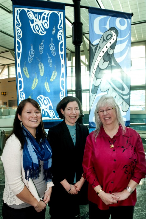 Michelle Stoney (left) from Hazelton and Valerie Malesku (right) from Queen Charlotte City are congratulated by Anne Murray (centre), vice president, community and environmental affairs at Vancouver Airport Authority and chair of the Board of Directors for YVR Art Foundation.