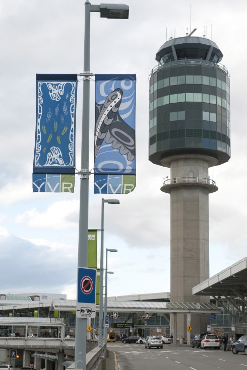 The First Nations street banner designs by Valerie Malesku and Michelle Stoney, which will adorn YVR’s roadways.