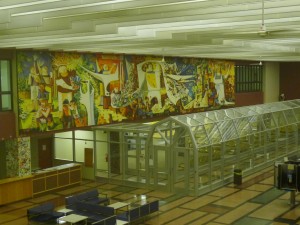 Kenneth Lochhead’s 22-metre mural, its paint tempered with more than 500 dozen eggs, looms over Gander airport terminal’s Public Observation Area. Photo: Nigel Fitzpatrick