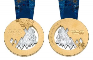 Front and back sides of the 2014 Sochi Winter Games gold medal.