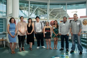 2014 YVR Art Scholarships recipients—(left to right) Charlene Johnny-Wadsworth, Cowichan, West Vancouver; Kelli Clifton, Tsimshian (Gitga’at), Terrace; Raven Pearson LeBlanc, Haida, Vancouver; George Lawson, Gitxan, North Vancouver; Sage Paul, WSANEC, Bentwood Bay; Skill Jaadee White, Haida, Masset; Luke Parnell, Haida/Nisga’a, Vancouver; and London Gunn, Kwakwaka’wakw/Metis (Red River), Marysville.